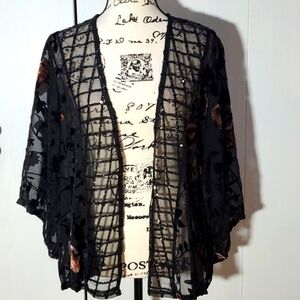POL- Whimsigoth Black sheer open Cardigan Velvet burnout Floral sequin Sz.M/L